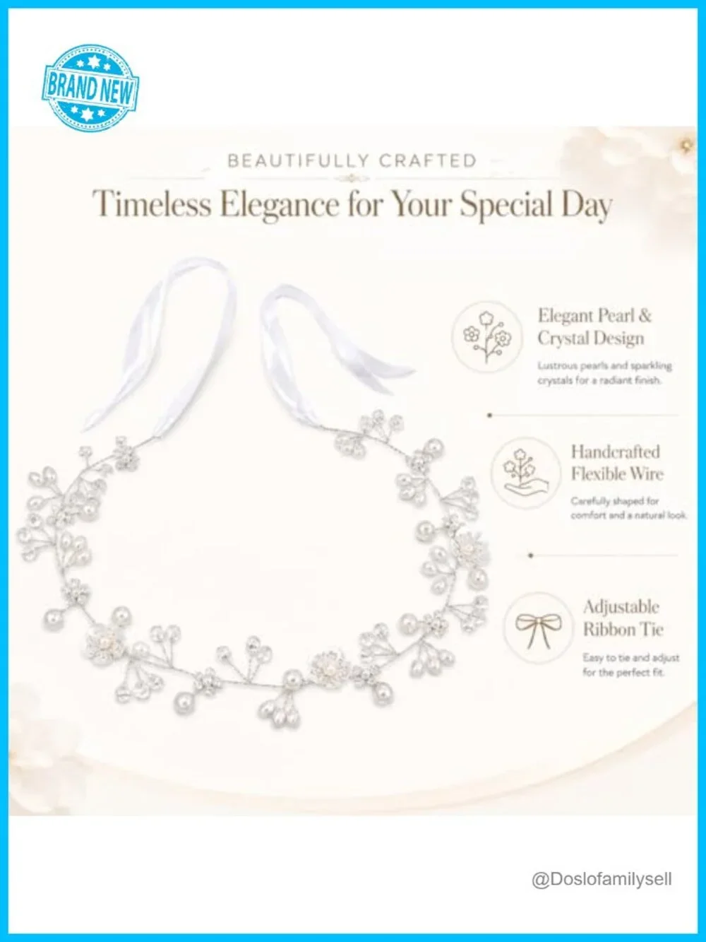 Handmade Silver Wire Woven Headband with White Flower & Pearl